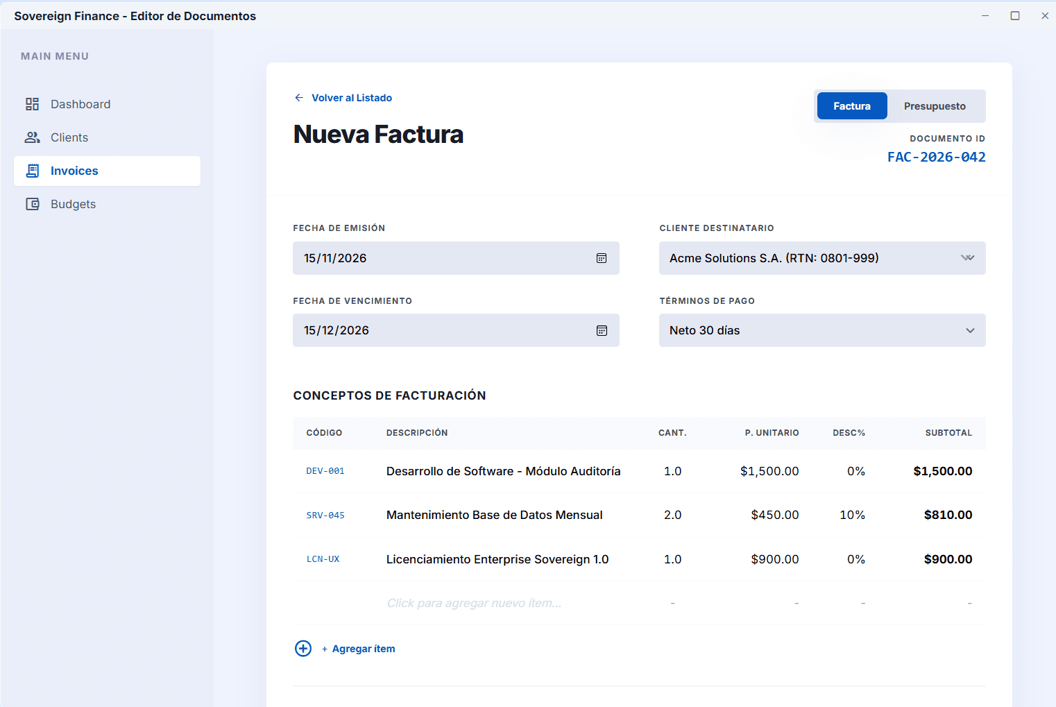 Módulo de creación de factura