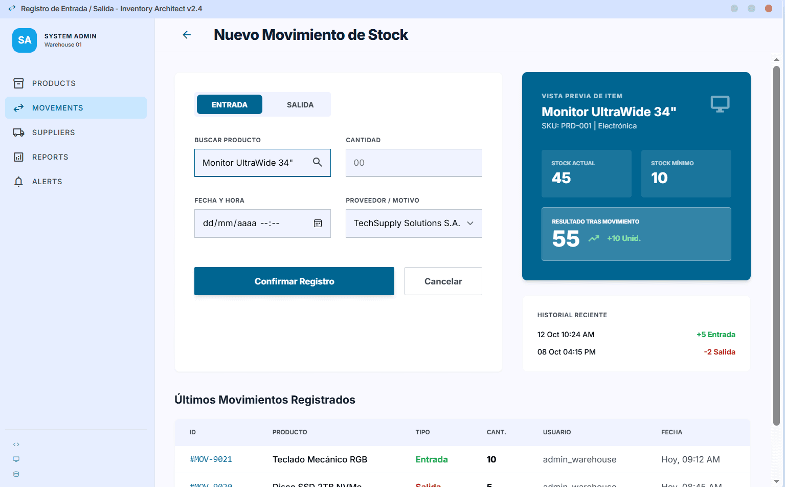 Historial de movimientos de stock