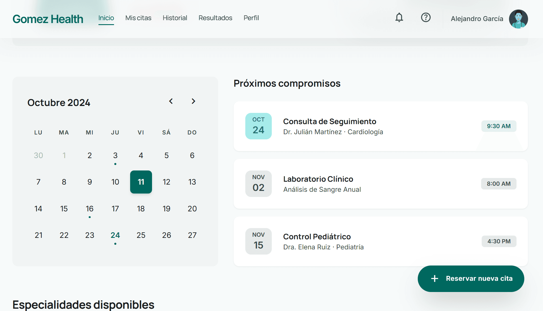 Vista de calendario y disponibilidad